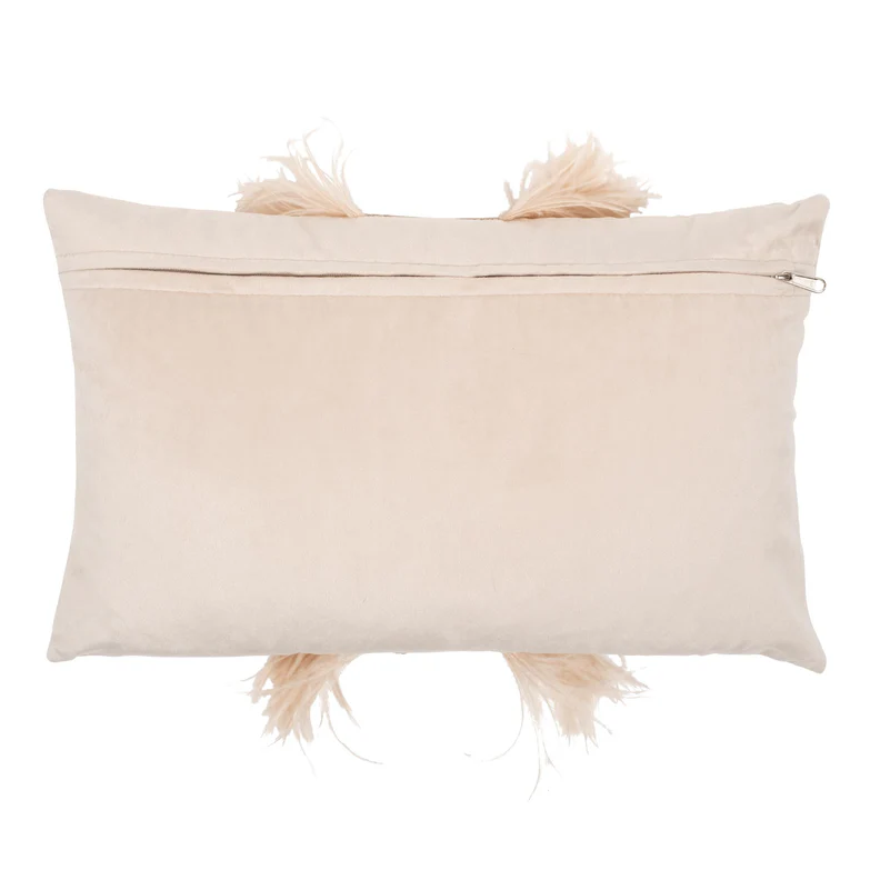 Ostrich Trim Velvet Lumbar Pillow, Wheat