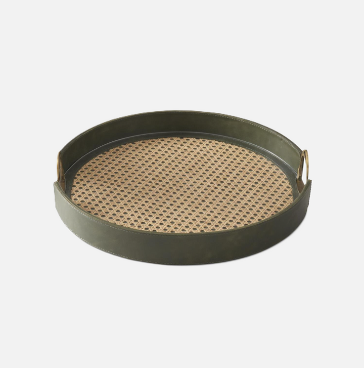 Leather & Cane Tray w/ Stirrup Handles, Green